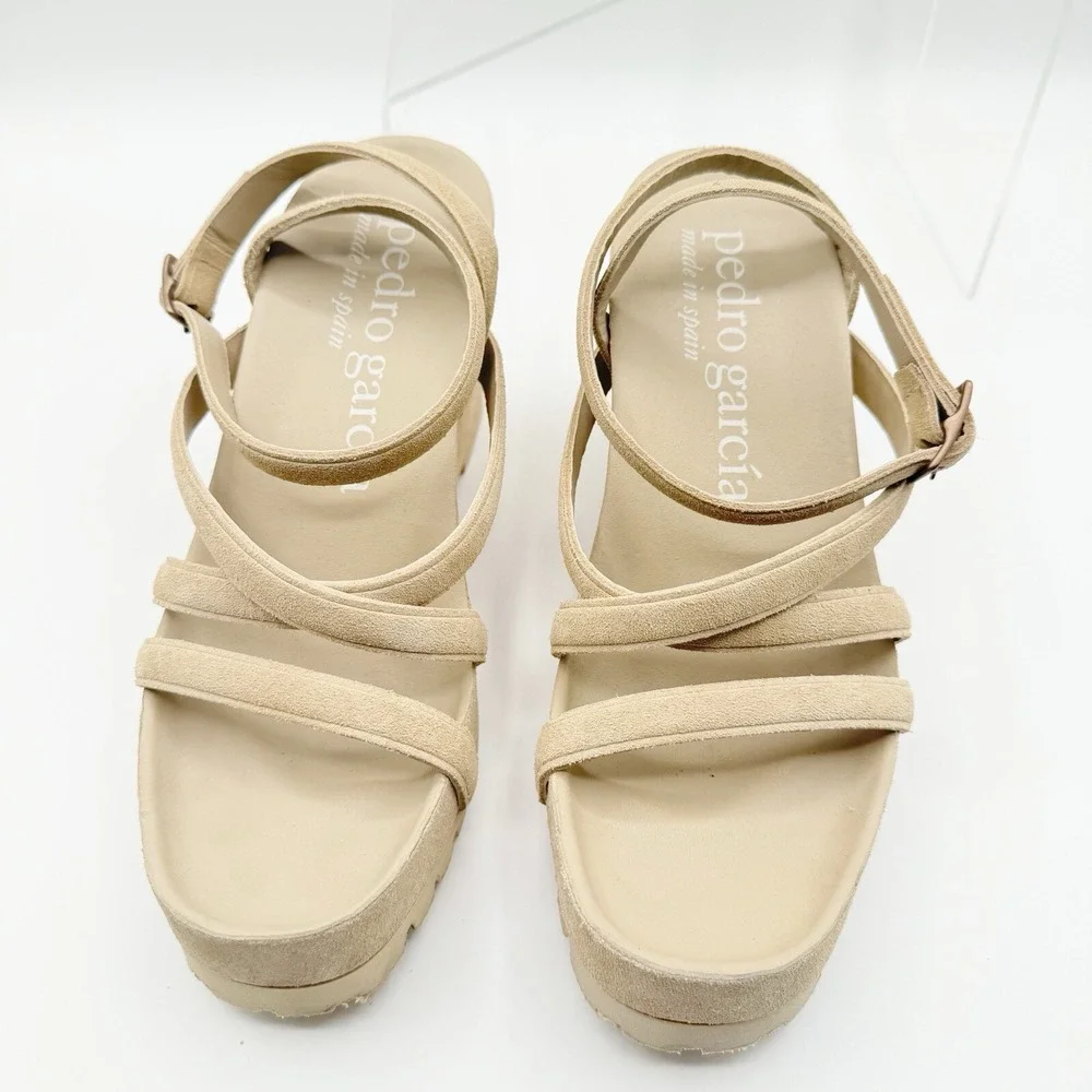 Pedro Garcia Jodie Suede Wedge Sandal Ankle Strap Heel Beige Size 35.5 5.5 $595